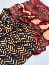 Load image into Gallery viewer, Pure Satin Crepe Ajrak Printed Rich Pallu Work Fancy Designer Function Wear Saree With Blouse