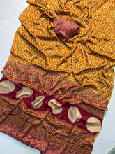 Load image into Gallery viewer, Pure Satin Crepe Ajrak Printed Rich Pallu Work Fancy Designer Function Wear Saree With Blouse