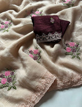 Load image into Gallery viewer, New Partywear Golden Color Pure Crush Silk Embroidery n Cut Work Fancy Designer Saree With Blouse