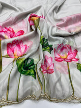 Load image into Gallery viewer, Demanding Grey Print n Hand Work Heavy Pure Tebbi Silk Saree With Pleasurable Blouse Piece