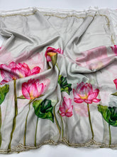 Load image into Gallery viewer, Demanding Grey Print n Hand Work Heavy Pure Tebbi Silk Saree With Pleasurable Blouse Piece