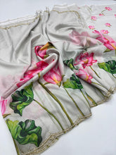 Load image into Gallery viewer, Demanding Grey Print n Hand Work Heavy Pure Tebbi Silk Saree With Pleasurable Blouse Piece