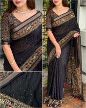 Load image into Gallery viewer, Entrancing Pure Mul Cotton Sequence With Ajrakh Prined Fancy Designer Saree With Gratifying Blouse Piece