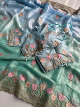 Load image into Gallery viewer, New Wedding Wear Blue Pedding Color Soft Frendy Silk Embroidery Work Fancy Designer Saree With Unstitched Blouse Piece