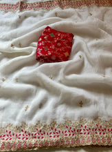 Load image into Gallery viewer, New Wedding Wear Off White Color Soft Crush Silk Embroidery n Cut Work Fancy Designer Saree With Blouse Piece