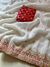 Load image into Gallery viewer, New Wedding Wear Off White Color Soft Crush Silk Embroidery n Cut Work Fancy Designer Saree With Blouse Piece