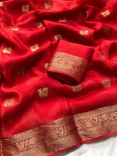 Load image into Gallery viewer, New Wedding Wear Pure Soft Viscose Crepe Silk Jacquard Weaving Zari Work Fancy Designer Saree With Blouse