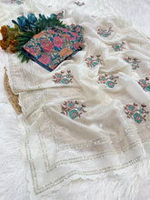 Load image into Gallery viewer, Gratifying Party Wear White Colour Pure Crush Chiffon Embroidery n Sequence Work With Stitched Blouse Fancy Designer Saree