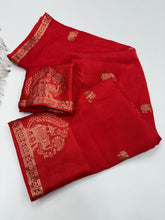 Load image into Gallery viewer, Quintessential Pure Soft Viscose Fabric Golden Zari Jacquard Work Fancy Designer Saree With Blouse