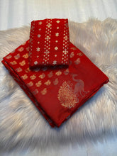 Load image into Gallery viewer, New Wedding Wear Pure Soft Viscose Dola Crape Silk Jacquard Zari Chit Palllu Work Fancy Designer Saree With Blouse