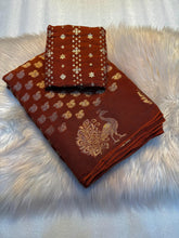 Load image into Gallery viewer, New Wedding Wear Pure Soft Viscose Dola Crape Silk Jacquard Zari Chit Palllu Work Fancy Designer Saree With Blouse