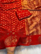 Load image into Gallery viewer, New Wedding Wear Pure Soft Viscose Dola Crape Silk Jacquard Zari Chit Palllu Work Fancy Designer Saree With Blouse