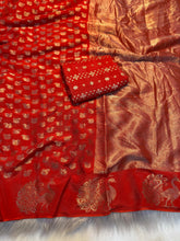 Load image into Gallery viewer, New Wedding Wear Pure Soft Viscose Dola Crape Silk Jacquard Zari Chit Palllu Work Fancy Designer Saree With Blouse