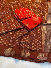 Load image into Gallery viewer, New Wedding Wear Pure Soft Viscose Dola Crape Silk Jacquard Zari Chit Palllu Work Fancy Designer Saree With Blouse