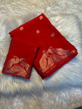 Load image into Gallery viewer, New Festive Wear Pure Soft Viscose Georgette Crepe Silk Jacquard Weaving Zari Work Fancy Designer Saree With Blouse