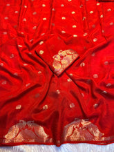 Load image into Gallery viewer, New Festive Wear Pure Soft Viscose Georgette Crepe Silk Jacquard Weaving Zari Work Fancy Designer Saree With Blouse