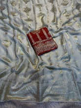 Load image into Gallery viewer, Function Wear White Color Pure Viscose Georgette Jacquard Zari Weaving Work Fancy Designer Saree With Contrast Color Blouse