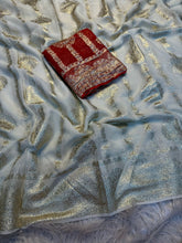 Load image into Gallery viewer, Function Wear White Color Pure Viscose Georgette Jacquard Zari Weaving Work Fancy Designer Saree With Contrast Color Blouse