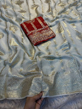 Load image into Gallery viewer, Function Wear White Color Pure Viscose Georgette Jacquard Zari Weaving Work Fancy Designer Saree With Contrast Color Blouse