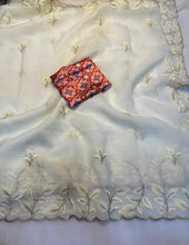 Load image into Gallery viewer, Winsome Off White Color Crunchy Silk Embroidery Work Fancy Partywear Saree With Captivating Blouse Piece