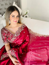 Load image into Gallery viewer, Outstanding Festival Wear Fendy Satin Silk Heavy Embroidery n Aarco Work Fancy Designer Saree With Stitched Blouse