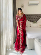 Load image into Gallery viewer, Outstanding Festival Wear Fendy Satin Silk Heavy Embroidery n Aarco Work Fancy Designer Saree With Stitched Blouse