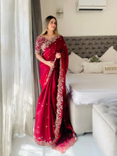 Load image into Gallery viewer, Outstanding Festival Wear Fendy Satin Silk Heavy Embroidery n Aarco Work Fancy Designer Saree With Stitched Blouse