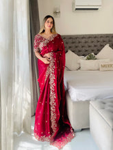 Load image into Gallery viewer, Outstanding Festival Wear Fendy Satin Silk Heavy Embroidery n Aarco Work Fancy Designer Saree With Stitched Blouse