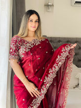 Load image into Gallery viewer, Outstanding Festival Wear Fendy Satin Silk Heavy Embroidery n Aarco Work Fancy Designer Saree With Stitched Blouse
