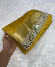 Load image into Gallery viewer, Charismatic Festive Wear Yellow Colour Banarasi Tissue Silk Jacquard n Mirror lace Work Fancy Designer Saree