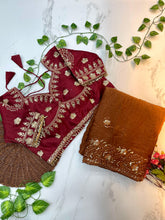 Load image into Gallery viewer, New Function Wear Fendy Chiffon Heavy Sequence n Aarco Work Fancy Designer Saree With Stitched Blouse