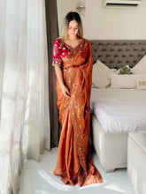 Load image into Gallery viewer, New Function Wear Fendy Chiffon Heavy Sequence n Aarco Work Fancy Designer Saree With Stitched Blouse