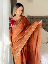 Load image into Gallery viewer, New Function Wear Fendy Chiffon Heavy Sequence n Aarco Work Fancy Designer Saree With Stitched Blouse