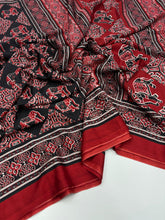 Load image into Gallery viewer, Prettiest Function Wear Pure Satin Silk Ajrak Printed Rich Pallu n Tussles Work Fancy Designer Saree
