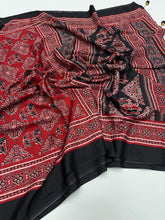 Load image into Gallery viewer, Prettiest Function Wear Pure Satin Silk Ajrak Printed Rich Pallu n Tussles Work Fancy Designer Saree