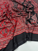 Load image into Gallery viewer, Prettiest Function Wear Pure Satin Silk Ajrak Printed Rich Pallu n Tussles Work Fancy Designer Saree