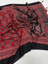 Load image into Gallery viewer, Prettiest Function Wear Pure Satin Silk Ajrak Printed Rich Pallu n Tussles Work Fancy Designer Saree