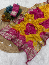 Load image into Gallery viewer, New Festive Wear Shiny Silk Fabric Print With Foil Embroidery Work Fancy Designer Saree With Bandhni Blouse Piece
