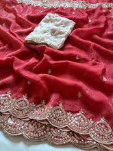 Load image into Gallery viewer, Mellifluous Function Wear Crunchy Chiffon Crush Silk Embroidery n Scalloped Cut Work Border Fancy Designer Saree With Contrast Blouse