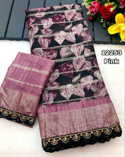Load image into Gallery viewer, New Party Wear Soft Lenin Floral Printed Foil Lining Print n Foil Printed Border Saree With Blouse