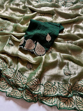 Load image into Gallery viewer, Attractive Party Wear Fendy Silk Crush Embroidery n Cut Work Saree With Contrast Blouse Piece