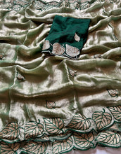 Load image into Gallery viewer, Attractive Party Wear Fendy Silk Crush Embroidery n Cut Work Saree With Contrast Blouse Piece