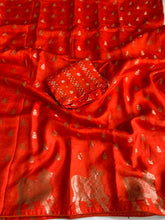 Load image into Gallery viewer, Splendorous Party Wear Pure Soft Viscose Crape Silk Golden Zari Butti n Pichwari Border With Tussel Work Pallu Fancy Designer Saree