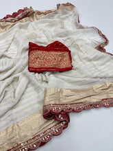 Load image into Gallery viewer, Exquisite Function Wear Off White Colour Viscose Georgette Jacquard Weaving n Sequence Border Work Designer Saree