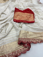 Load image into Gallery viewer, Exquisite Function Wear Off White Colour Viscose Georgette Jacquard Weaving n Sequence Border Work Designer Saree