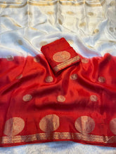 Load image into Gallery viewer, Entrancing Party Wear White n Red Colour Pure Soft Viscose Silk Zari Work Fancy Designer Saree With Blouse