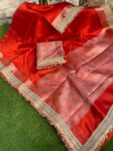 Load image into Gallery viewer, New Red Color Banarasi Tissue Silk Jacquard n Lace Work Fancy Designer Partywear Saree