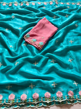 Load image into Gallery viewer, Gorgeous Function Wear Soft Rangoli Silk Embroidery Work Fancy Designer Saree With Contrast Blouse piece