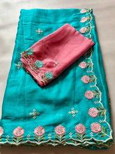 Load image into Gallery viewer, Gorgeous Function Wear Soft Rangoli Silk Embroidery Work Fancy Designer Saree With Contrast Blouse piece