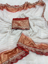 Load image into Gallery viewer, Exquisite Function Wear Viscose Georgette Jacquard Weaving n Sequence Border Work Designer Saree With Contrast Blouse Piece